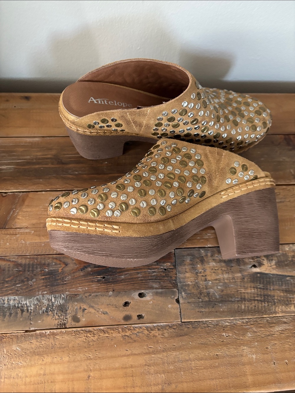 Antelope Tan Suede Studded Clog Mules - Picture 2 of 5